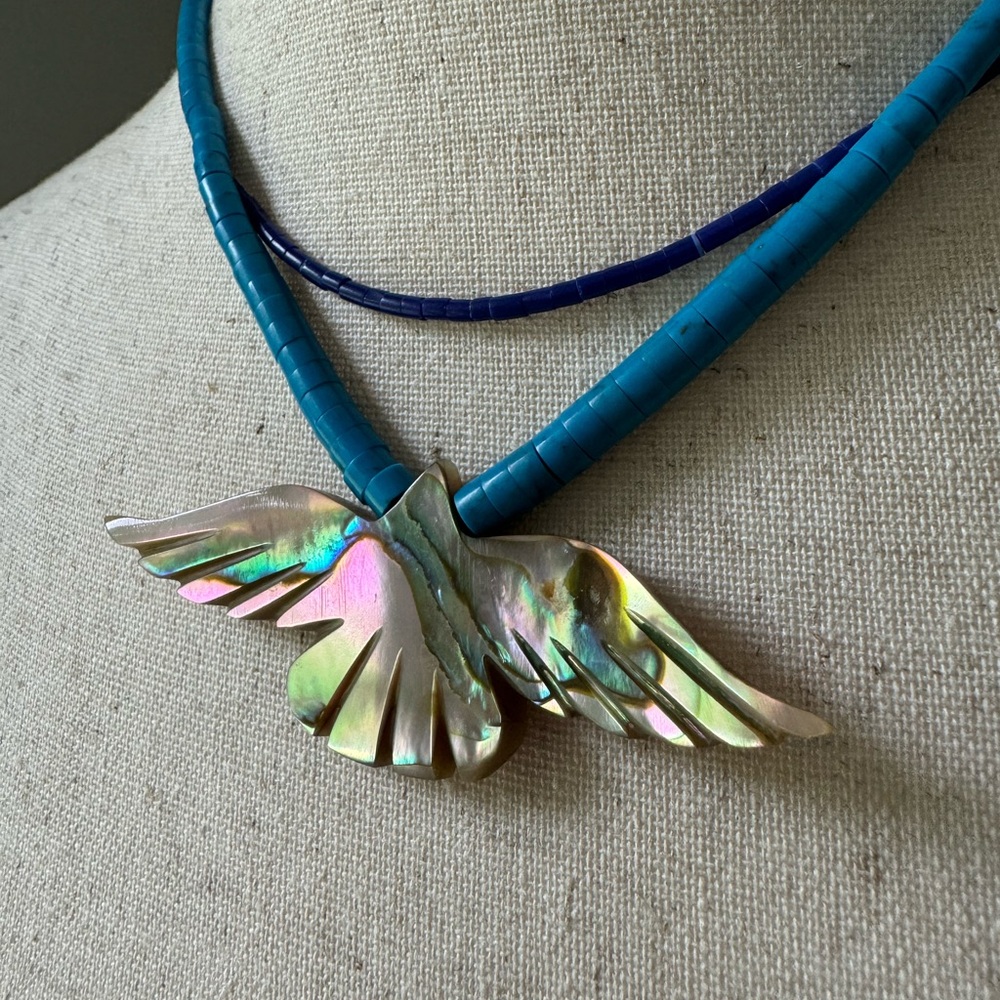 Abalone Bird on Turquoise Block Heishi & Blue Lapis Heishi Bead Necklace Set